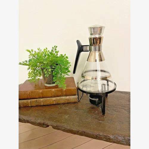 Vintage MCM Glass Silver Coffee Carafe with Cork Lid & Candle Warmer Stand Base