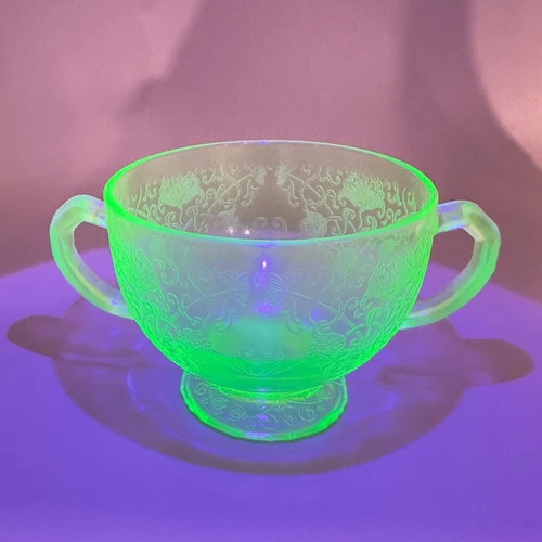 Hazel Atlas Uranium Green Depression Glass Sugar Bowl Handles Florentine Design
