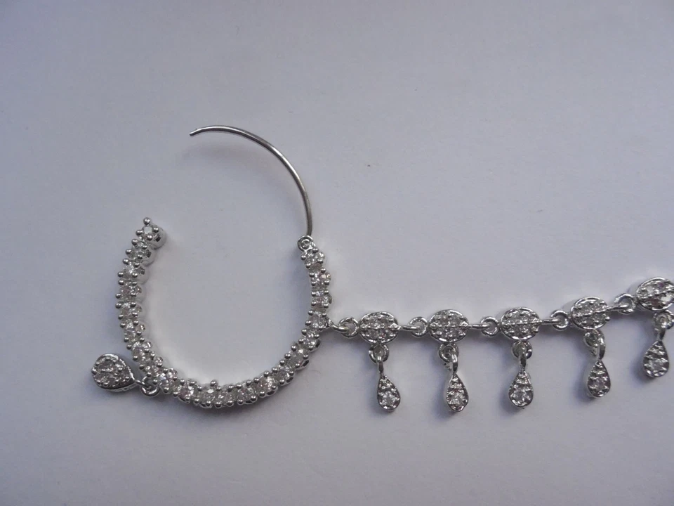 Anillo de nariz perforado plateado con cadena joyería cristal nariz aro novia grande Foto 4 de 4