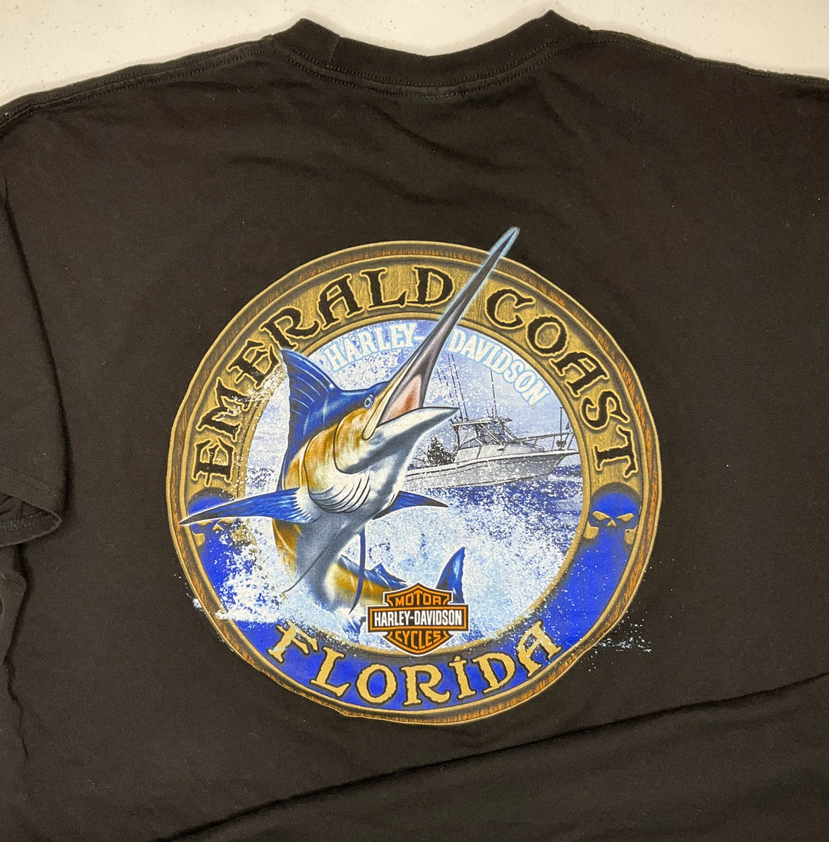 Harley Davidson T-Shirt Graphic Tee Emerald Coast FL Marlin Fish Motorcycles 2XL