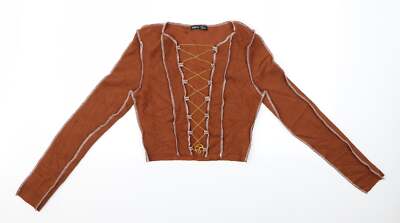 Shein Damenpullover brauner V-Ausschnitt Polyester Größe M - offener Pullover vorne