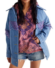 DANCASSAB FREE PEOPLE BLUE LILAC BEADED EMBELLISHED RETRO DENIM JACKET XS $730
