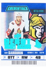19/20 CREDENTIALS..SCOTT SABOURIN..DEBUT TICKET ACCESS..RC../999..# 71..SENATORS