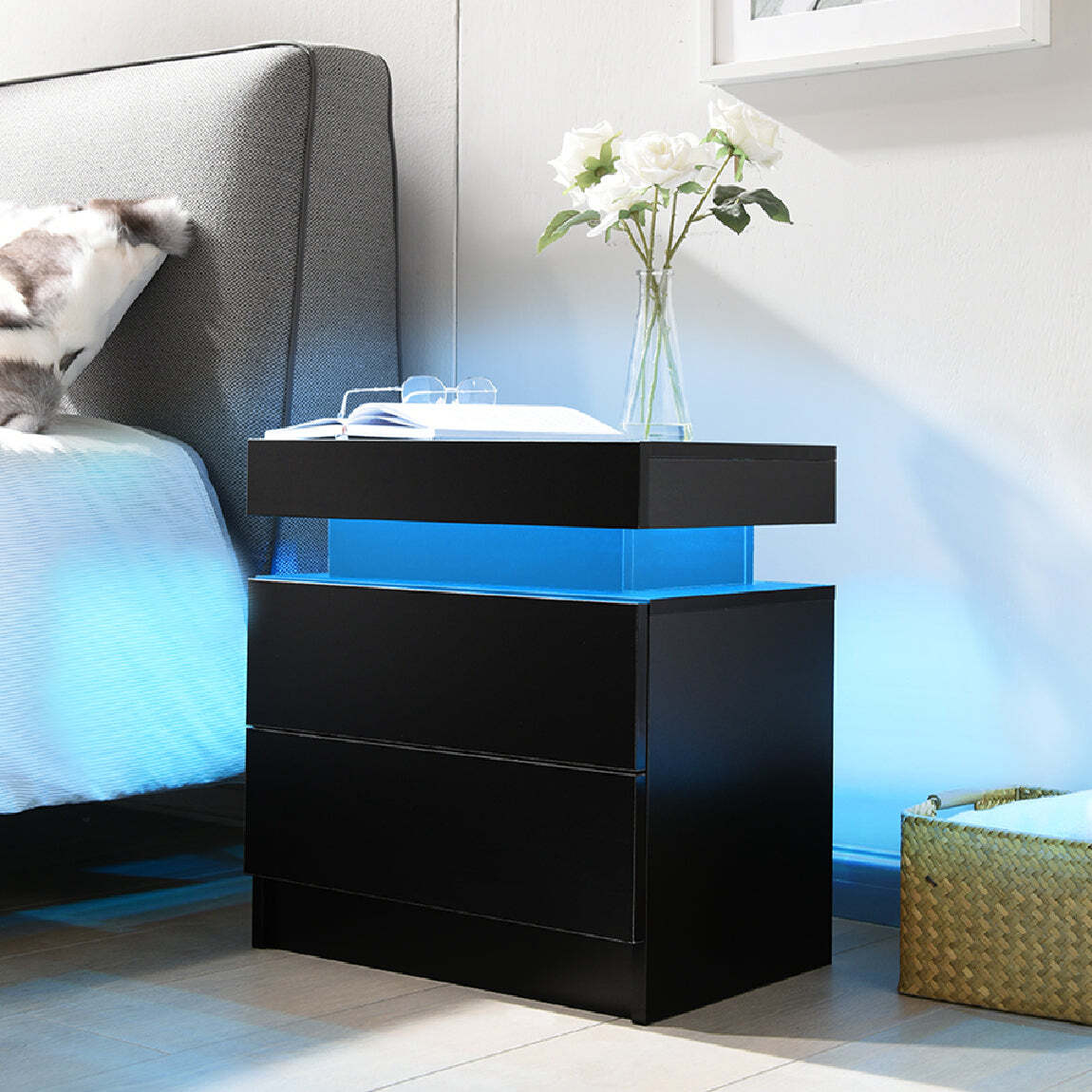 Black Modern Nightstand with LED Lights and 2 Drawers