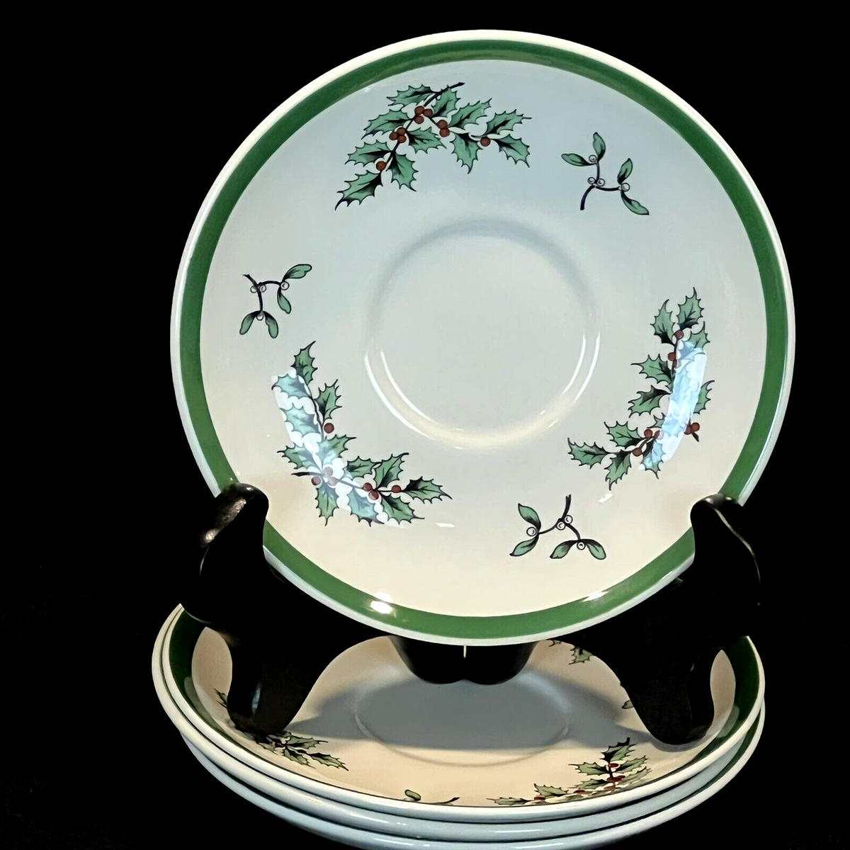 Set of 4 1993 Spode Christmas Holly Tree Coffee Tea Saucers S3324