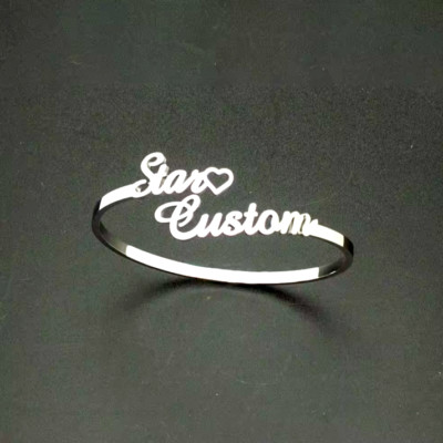 Custom Double Name Heart Bangle Cuff Bracelet Jewelry Stainless Steel Wedding