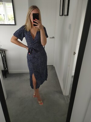Navy Blue White Short Sleeve Polka Dot Wrap Summer Midi Wedding Guest Dress  6 8