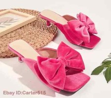Womens Summer Peep Toe Bowknot Slippers Kitten Mid Heels Party Mules Sandals