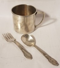 Vintage Oneida Silver Plated Primary Set Child's Cup, Baby Spoon and Fork
