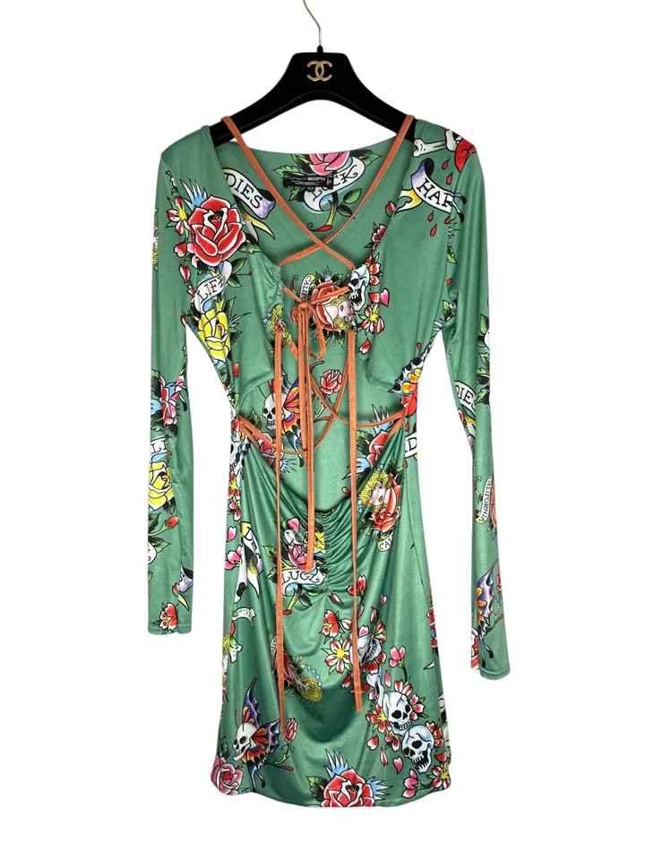 Ed Hardy x Missguided UK Size 10 Green & Orange Tattoo Open Front Bodycon Dress - image 2 of 4