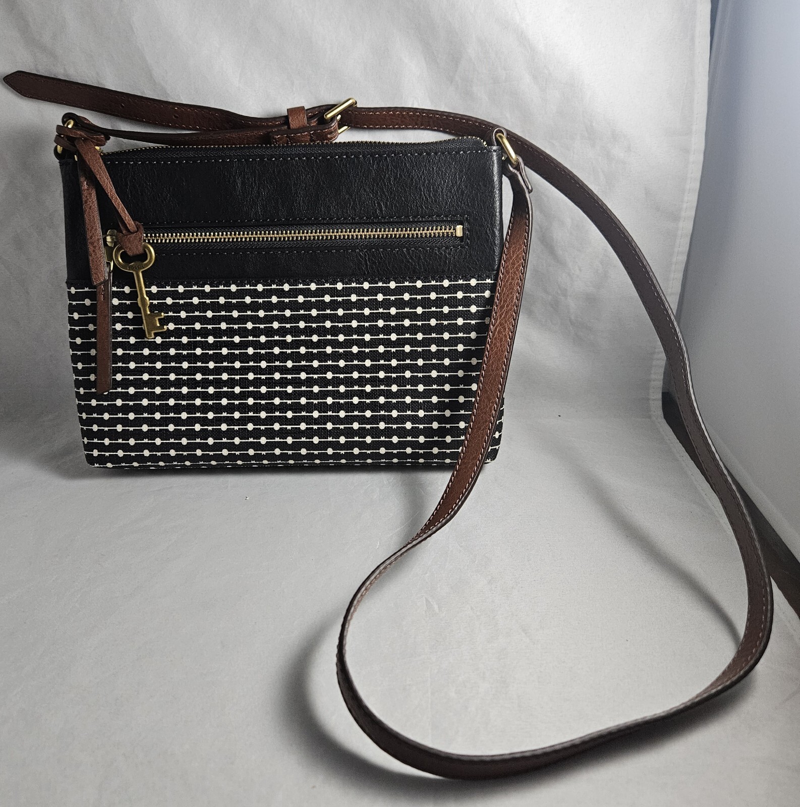 FOSSIL Fiona Mini Crossbody Bag Black White Dot Pattern Faux Leather Zip Closure  