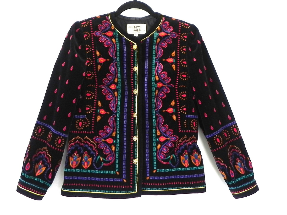 Vtg Saxton Hall Velvet Quilted Jacket Multi-Color Long