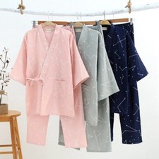 Women Japanese Kimono Pyjama Set Gauze Cotton Linen Geometry Print Nightgown