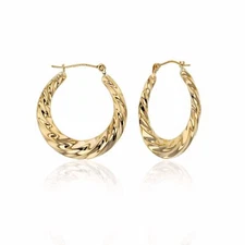 1" Graduated Twisted Textured Polished Oval Hoop Earrings Real 14K Yellow Gold