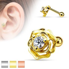 CZ Rose 14K Gold Plated Surgical Steel Helix Tragus Barbell Cartilage Earring