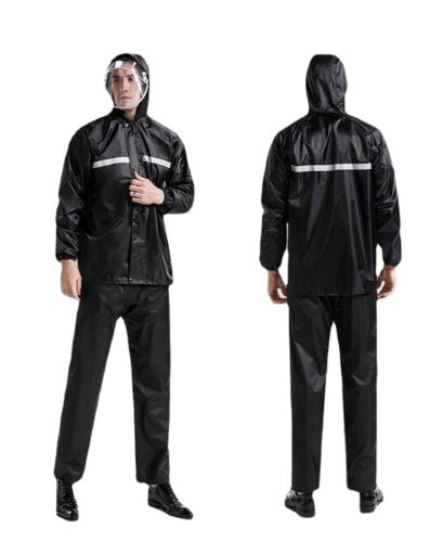 Men Black Hooded Rain Suits Jackets Pant Gear Raincoat Waterproof Outdoor Hiking - Picture 9 of 28