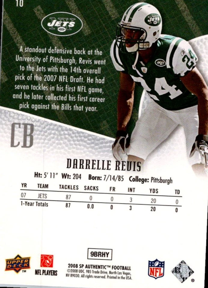 2008 SP Authentic Darrelle Revis New York Jets #10 - Image 2 of 2