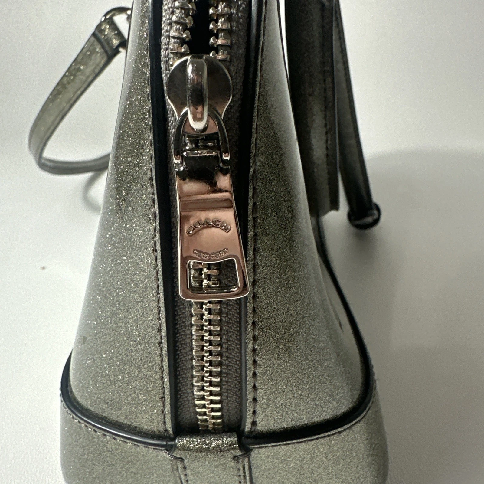 Borsa Coach Sierra Mini Glitter Argento Pelle Nera Manico Borsa a tracolla