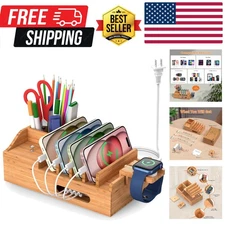 Bamboo Charging Station for Multiple Devices with 5 Port USB Charger, 5 Charg...