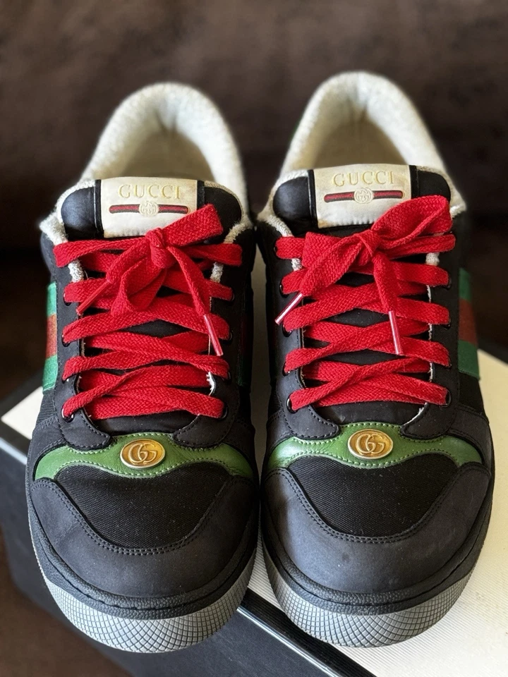 Gucci Web Accent Nubuck Sneakers Nubuck Low Top Sneakers Black Printed Used - Image 2 of 4