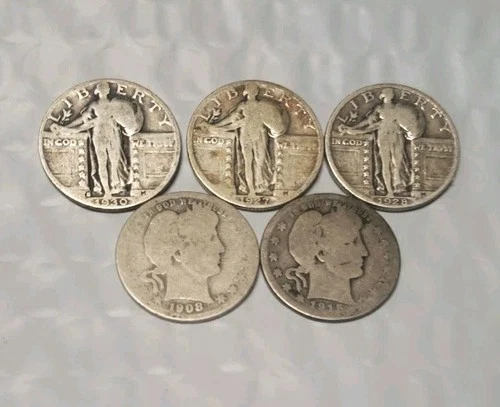 Lot of 5 Silver Quarters Includes Barber & Liberty Circulated Ungraded # 113