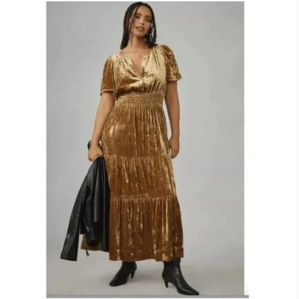 Maxi Vestido Anthropologie Terciopelo Pequeño Dorado Boho Lujo En Niveles Fiesta Vacaciones Glamour Foto 4 de 4
