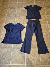 Lot Of 3 Womens Scrubs Size XS, 2 Navy Blue Tops And One Set Of Pants