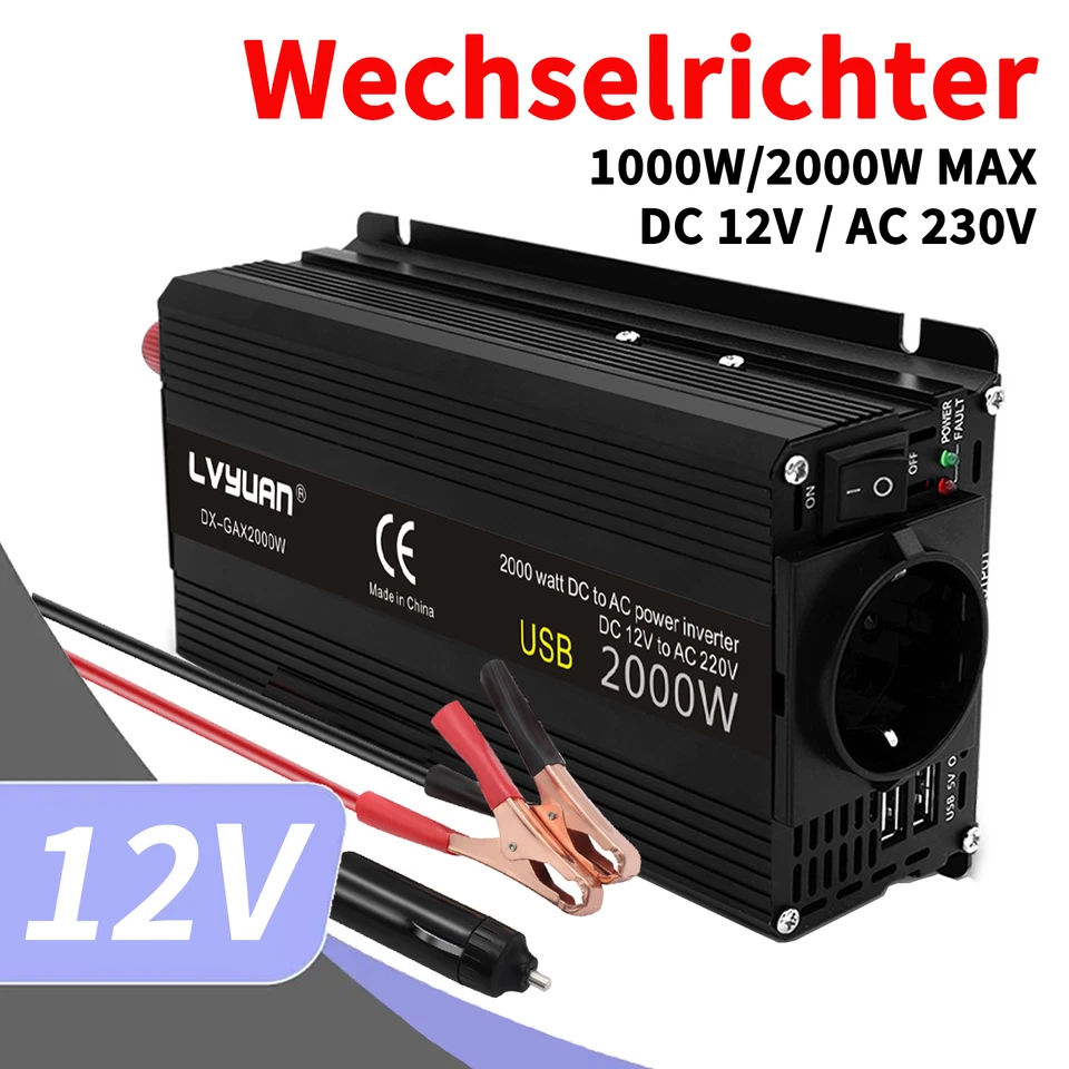LVYUAN 1000W 2000W Wechselrichter DC 12V auf AC 230V Spannungswandler Inverter mit 2USB