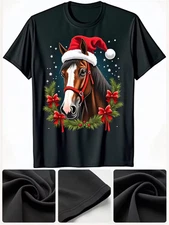 [Casual Comfort] Men'S Black Cotton T-Shirt with Clydesdale Horse Christmas Grap