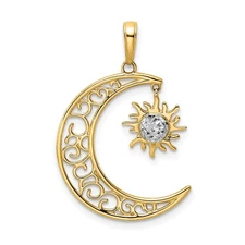 14k Yellow-Rhodium Sun Moon Pendant Filigree Crescent Diamond-Cut Celestial Jewe