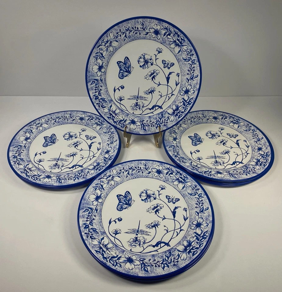 Juego de 13 platos de cena de hojalata florales mariposa azul y blanco de herrajes de restauración Foto 2 de 4