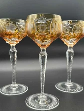 Set of 3 Amber Cut to Clear Crystal Cordial Glasses 8" Etched Floral Vintage