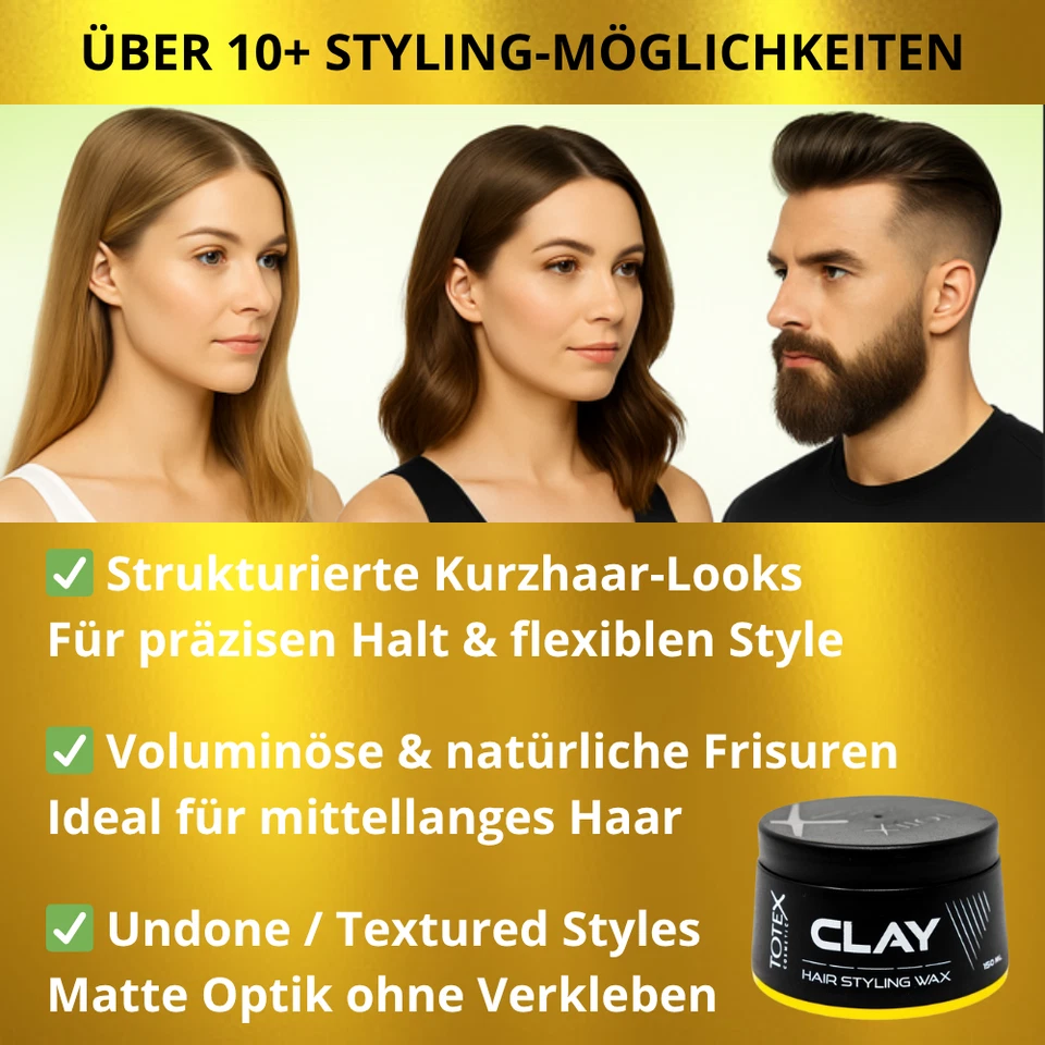 Haarwachs Clay Gelb 2×150ml + Profi Kamm | Starker Halt | Matt Look | Unisex - Bild 3 von 4