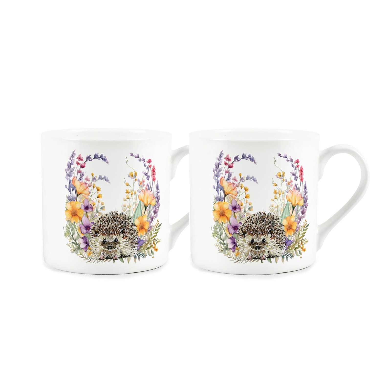 Floral Hedgehog Bone China Mugs Set of 2 - 380ml Tea/Coffee Cup Present