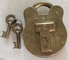 Vintage #4 USN Old English JAS Morgan & Sons Solid Brass Padlock With Keys 