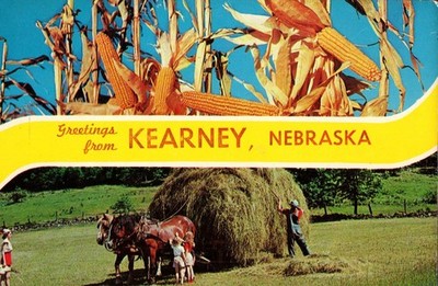 Greetings From Kearney NE Vintage Unposted Postcard Corn Horses Hay