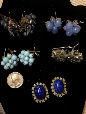 Vtg Wingback Earrings BLUE LOT - 5 pairs - Some with  PAT# Blue & Gold tones