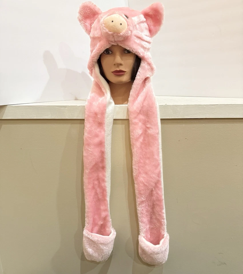 Pink Piggy Plush Hat Scarf Mittens Stuffed Animal Fur Costume Cosplay Halloween - Image 4 of 4