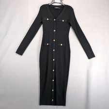 Mirol V-Neck Bodycon Ribbed Knit Sweater Midi Dress Sz S Gold Crest Buttons Chic