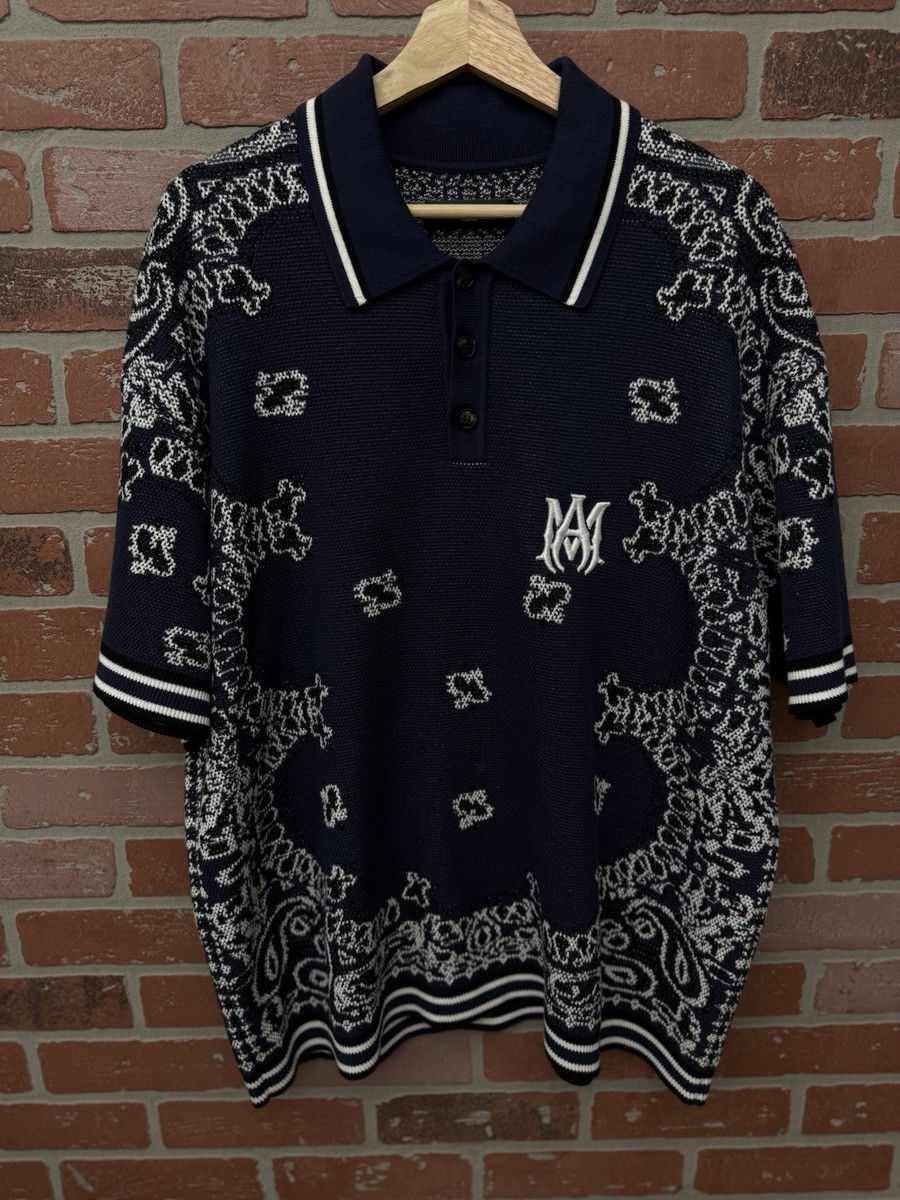 Amiri Bandana Short Sleeve Polo Shirt Blue Dress Style 100% Authentic Size  XL