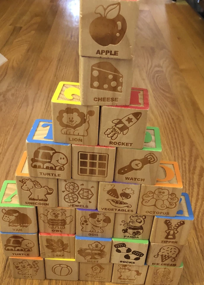 Bloques de madera letras números símbolos imágenes construcción juego 26 piezas vintage Foto 3 de 4