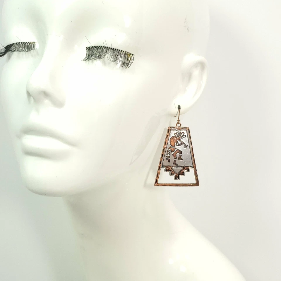 Pendientes colgantes antiguos Kokopelli trapezoidales tono cobre I04 Foto 4 de 4