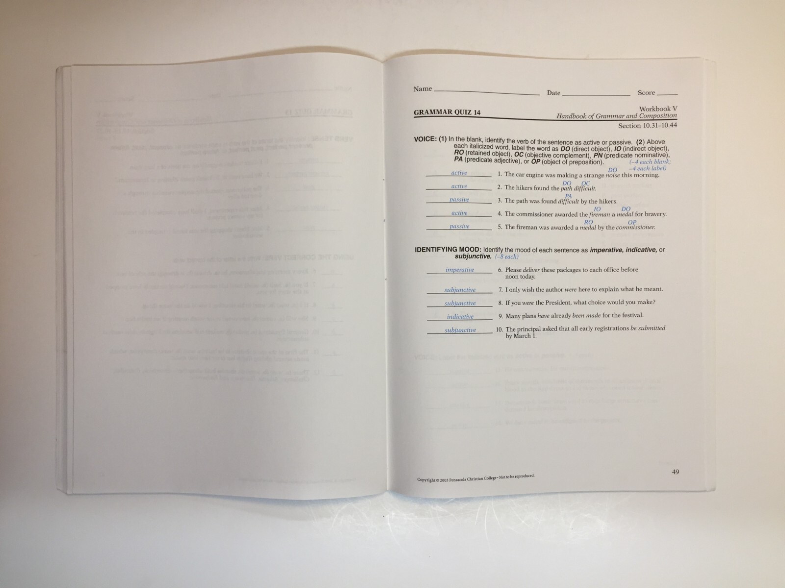 A Beka Book Workbook V for Handbook of Grammar & Composition Test/Quiz Key