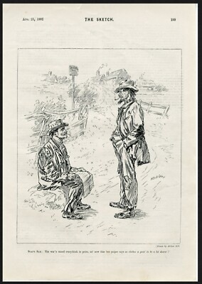 TWO RAGGEDY TRAMPS DISCUSS RISE IN COST OF CLOTHING ARTHUR GILL 1901 CARTOON b11
