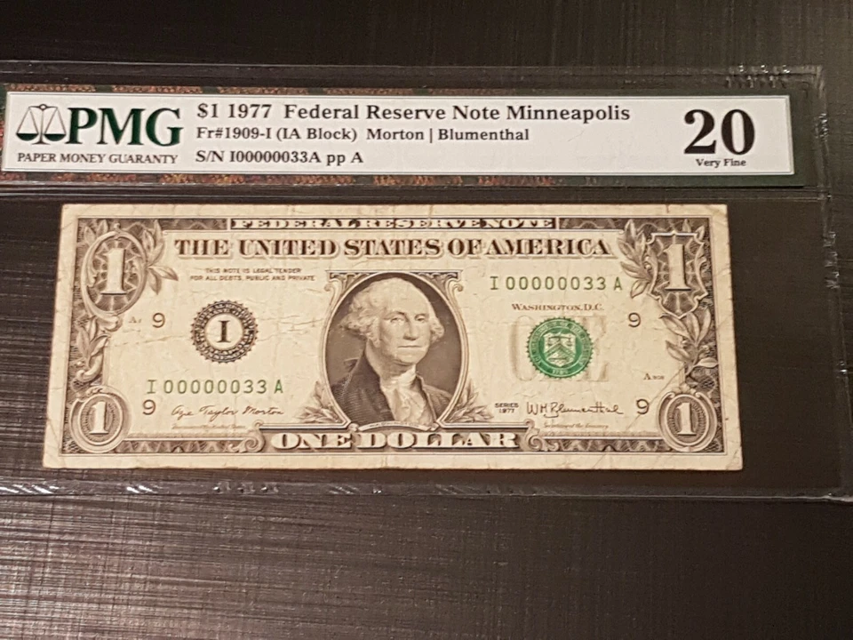 ➡➡1977 SUPER LOW 00000033A FANCY SERIAL NUMBER VF FR-1909-I $1 Minneapolis PMG - Image 3 of 4