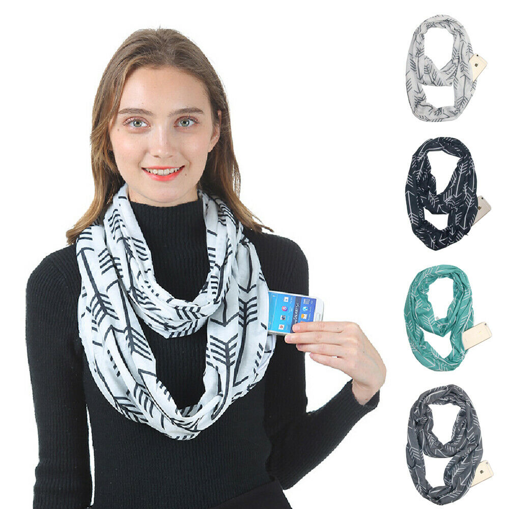 Women Infinity Scarf Hidden Zip Scarf Arrow Print Soft Scarf Shawl Wrap Gifts