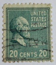 US POSTAGE ~ James A. Garfield ~ Green 20₵ Stamp ~ Cancelled/Posted ~ c.1938 -37