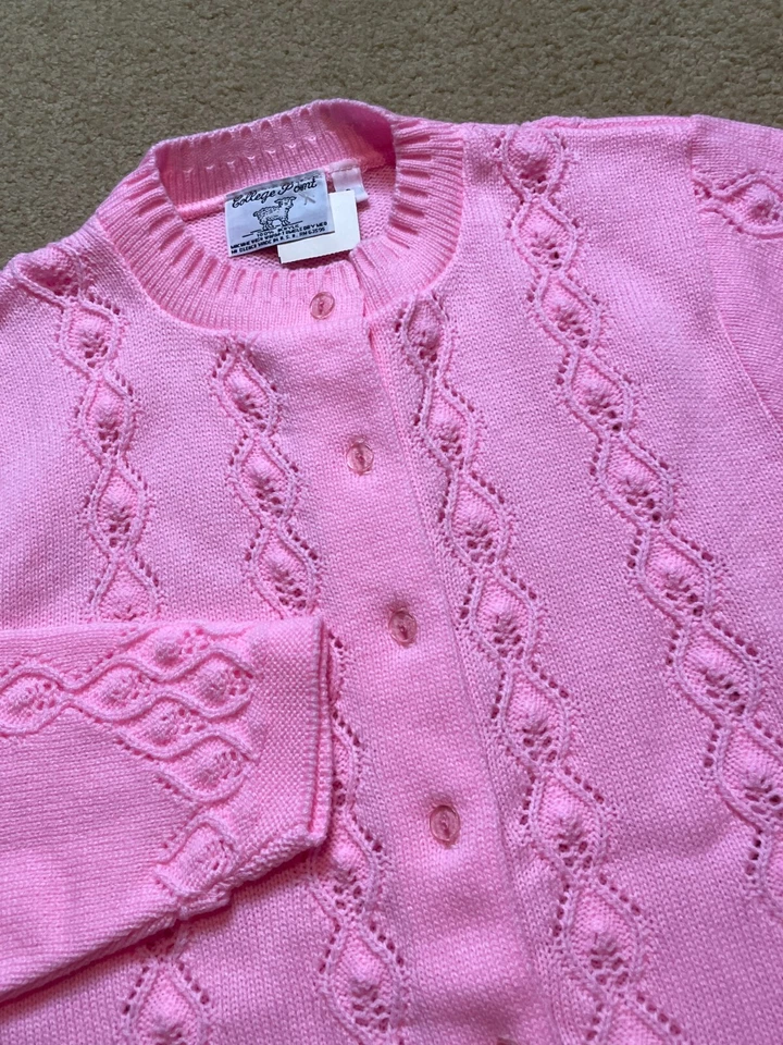Nuevo de Colección Años 70 College Point Rosa Acrílico Crochet Tejido Abuela Cárdigan Suéter S Foto 4 de 4