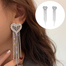Dangle metal Earrings Tassel Perforation Clip Long Crystal Silver Earrings