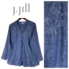 J Jill Uncommon Threads Large 12 14 Top Tunic Shirt Chambray Denim Floral Blue 2